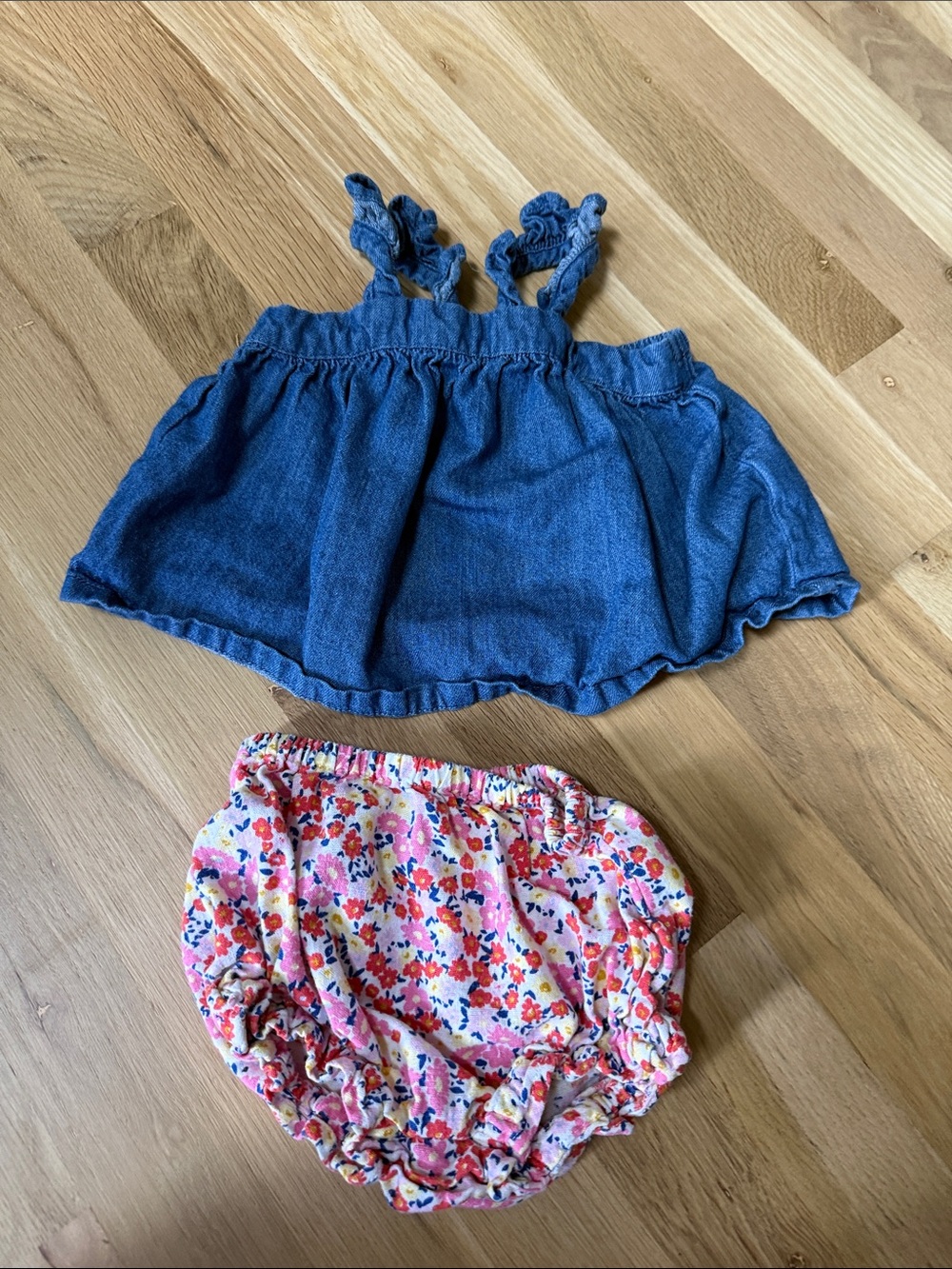 Old Navy Blue Denim Ruffle Tank Top with Pink Floral Bloomers